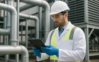Técnico de seguridad revisando instalación de agua industrial para prevenir la Legionella en España