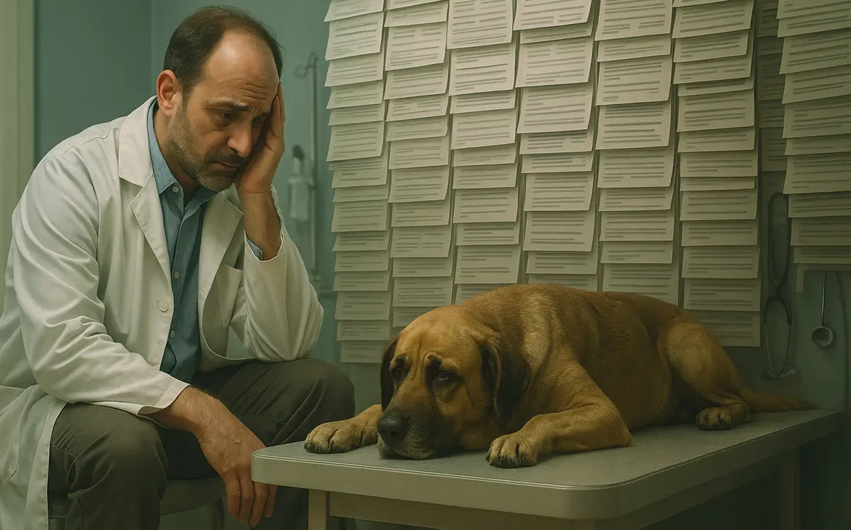 veterinario-burocracia-real-decreto 666 2023 Veterinario preocupado junto a un perro enfermo, con una pared de formularios que simboliza la burocracia que impide actuar