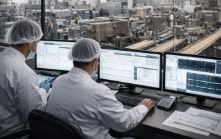 Sala de control en industria alimentaria durante campaña navideña, con supervisión de procesos, trazabilidad y sistemas de seguridad alimentaria