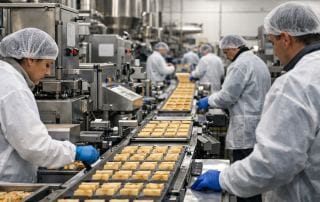 Línea de producción industrial de alimentos en campaña intensiva con personal aplicando medidas de higiene y seguridad alimentaria