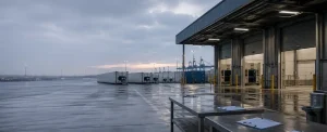 Instalación de inspección fronteriza en un puerto con contenedores refrigerados al amanecer