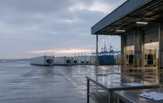 Instalación de inspección fronteriza en un puerto con contenedores refrigerados al amanecer